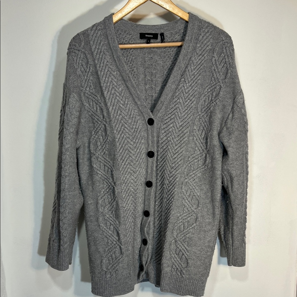 Theory Cashmere Wool Gray Cable Knit Cardigan